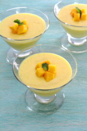 Easy to make, creamy, luscious and vegetarian mango pudding recipe is made with agar agar.