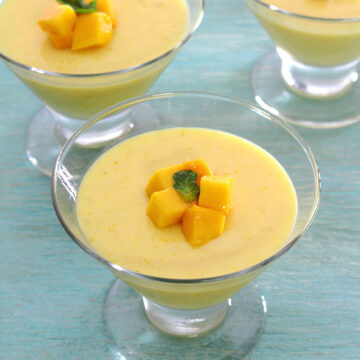 Easy to make, creamy, luscious and vegetarian mango pudding recipe is made with agar agar.