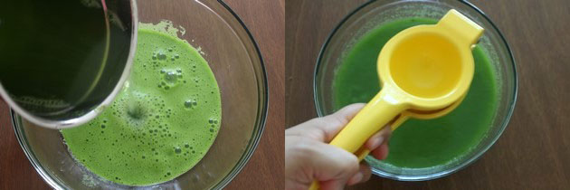 Collage of 2 images showing transfering to a bowl with more water and squeezing lemon juice.