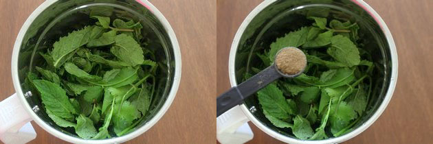 Collage of 2 images showing mint, cilantro into the grinder and adding pani puri masala.
