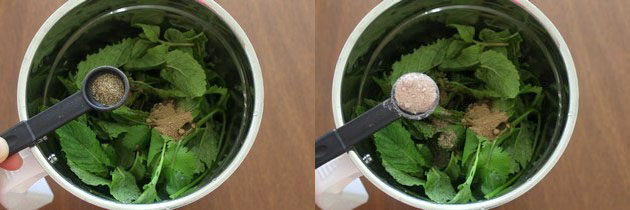 Collage of 2 images showing adding black pepper and black salt.