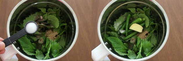 Collage of 2 images showing adding salt and ginger, green chili.