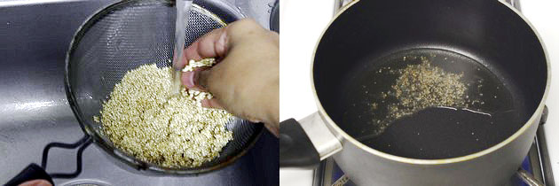 Collage of 2 images showing rinsing quinoa and tempering mustard seeds.