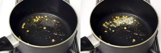 Collage of 2 images showing tempering chana dal and urad dal.