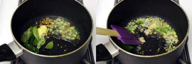 Collage of 2 images showing adding curry leaves and green chili.