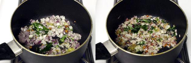 Collage of 2 images showing adding and cooking onion.