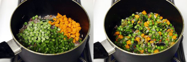 Collage of 2 images showing adding and mixing veggies.