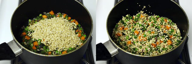 Collage of 2 images showing adding and mixing quinoa.
