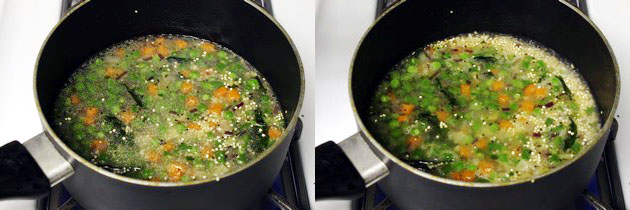 Collage of 2 images showing adding water and it is boiling.