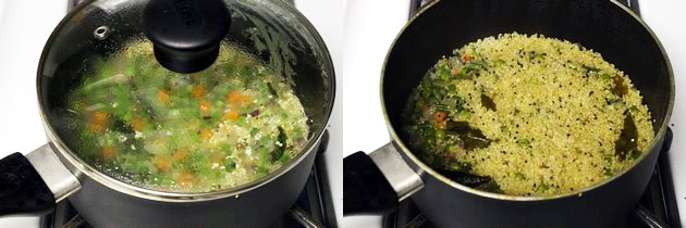 Collage of 2 images showing cooking covered and cooked quinoa upma.