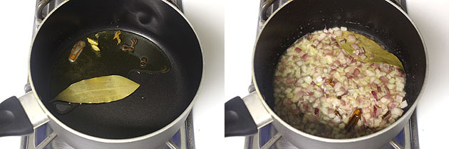 Collage of 2 images showing tempering whole spices and cooking onion.
