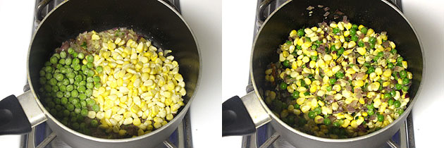 Collage of 2 images showing adding and mixing peas and corn.