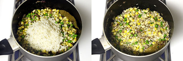 Collage of 2 images showing adding rice and mixed.