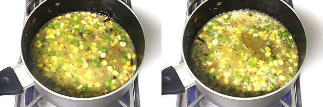 Collage of 2 images showing adding water and boiling it.