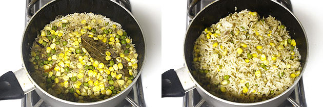 Collage of 2 images showing cooked pulao and fluffed up.