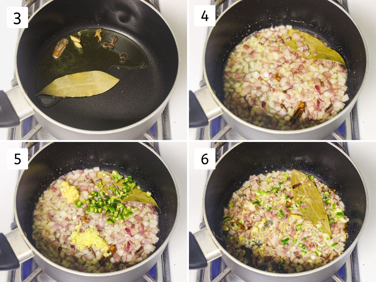 Collage of 4 images showing tempering whole spices, cooking onion, ginger, garlic and chili.