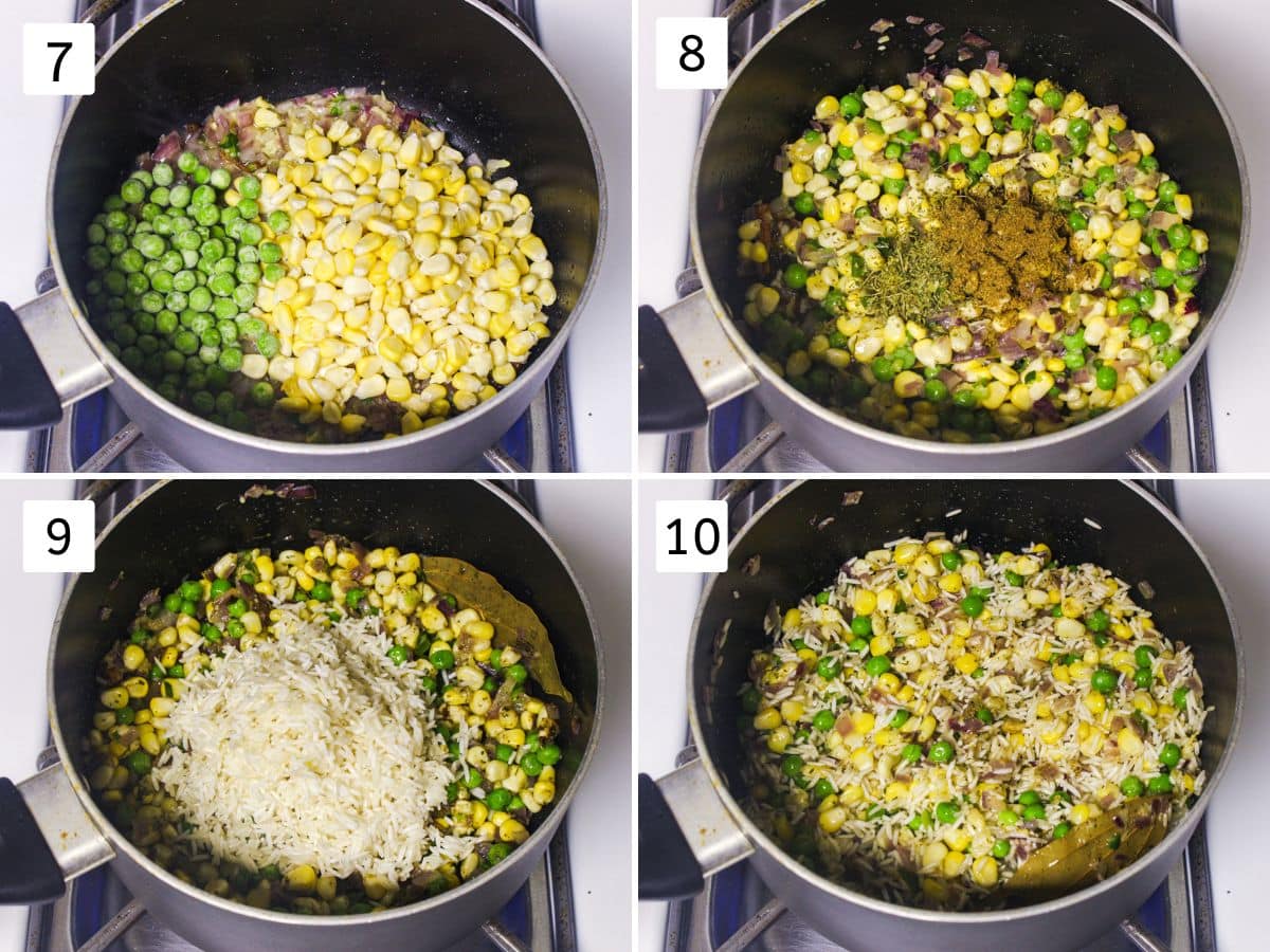 Collage of 4 images showing adding corn, peas, spices, rice and mixed.