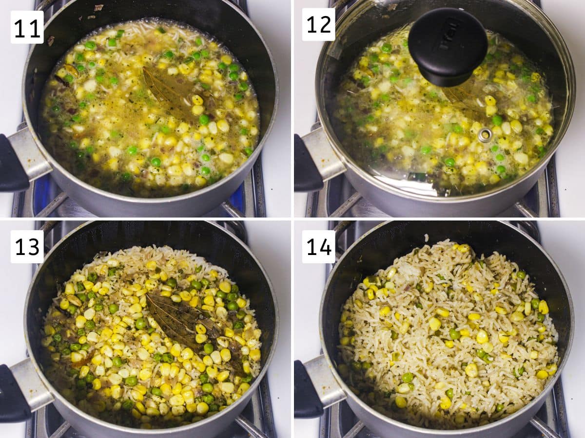 Collage of 4 images showing adding water, cooking covered and cooked pulao.