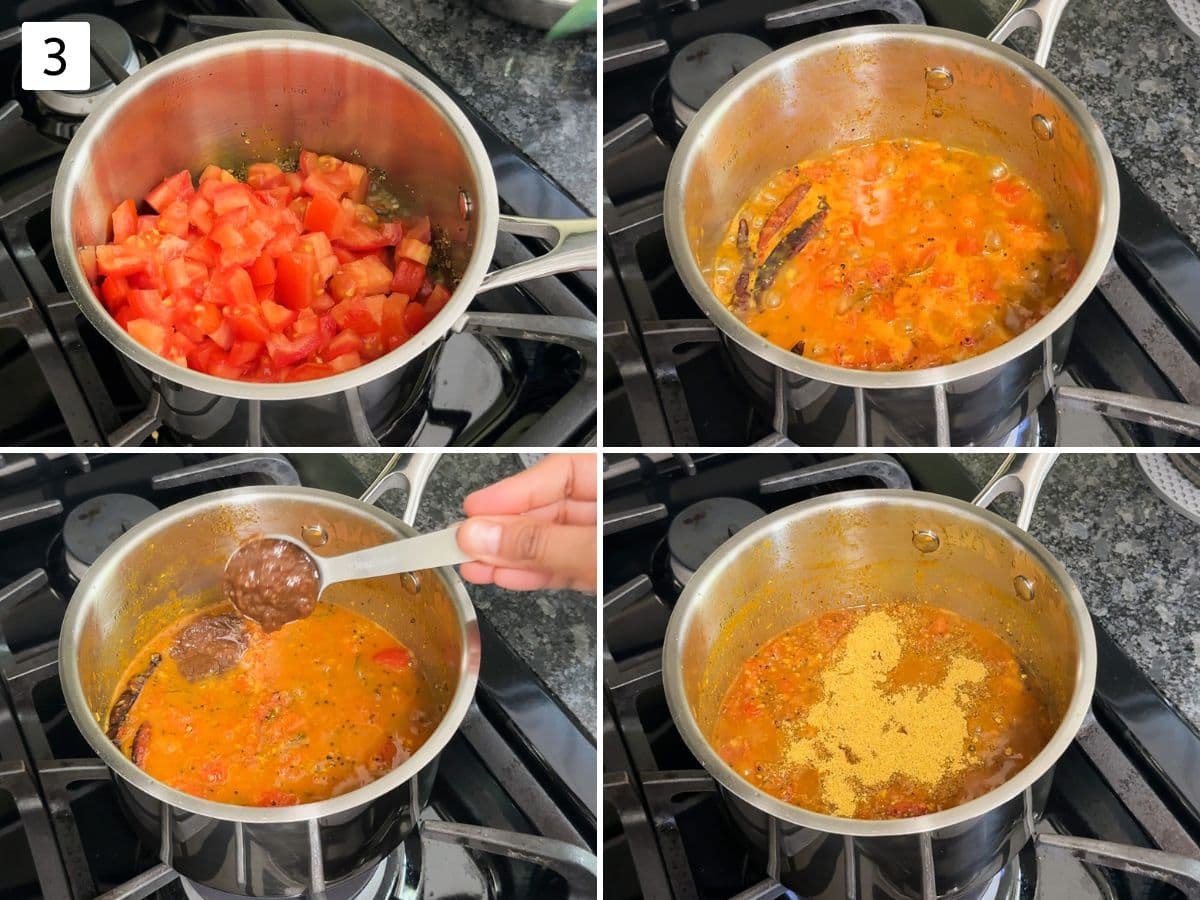 Collage of 4 images showing cooking tomatoes, adding tamarind and rasam powder.