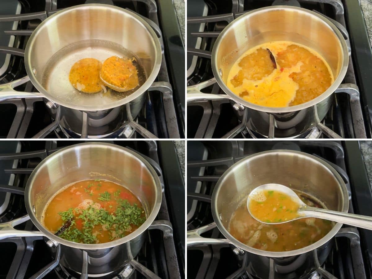 Collage of 4 images showing frozen rasam cubes in water, simmering, adding cilantro.