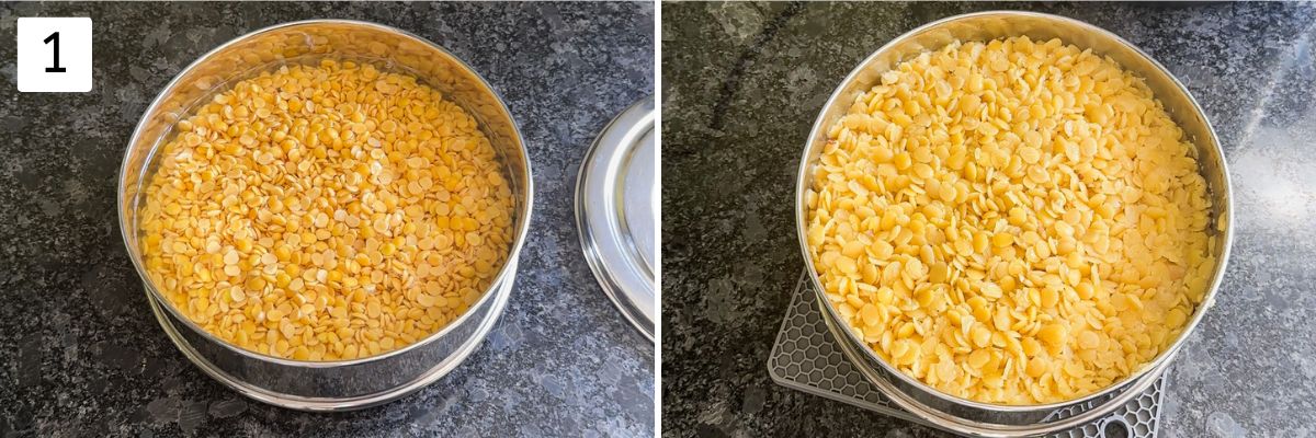 Collage of 2 images showing raw dal and cooked dal.