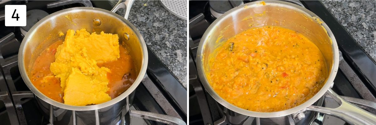 Collage of 2 images showing adding and mixing cooked dal.