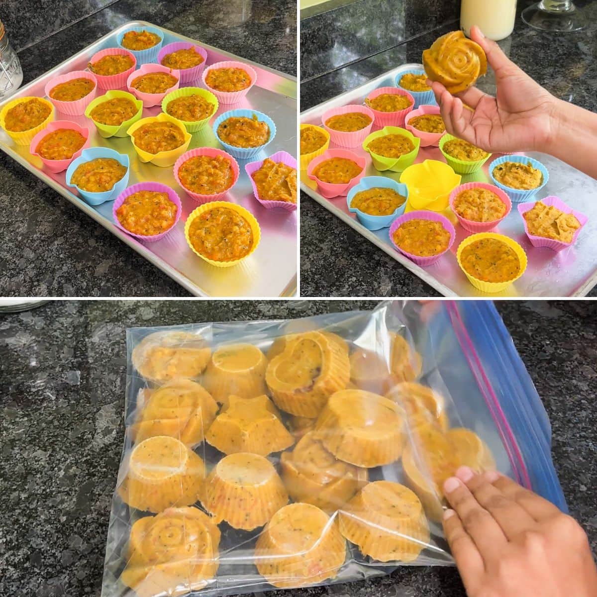 Collage of 3 images showing freezing rasam mixture in cubes and storing in ziplock bag.