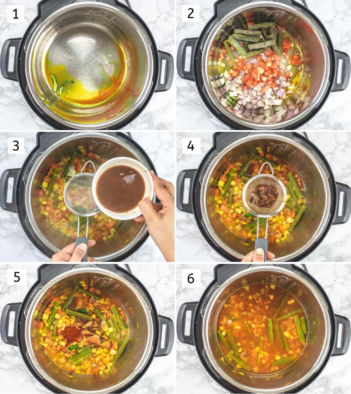 Collage of 6 images showing adding veggies, tamarind water and spices in instant pot.