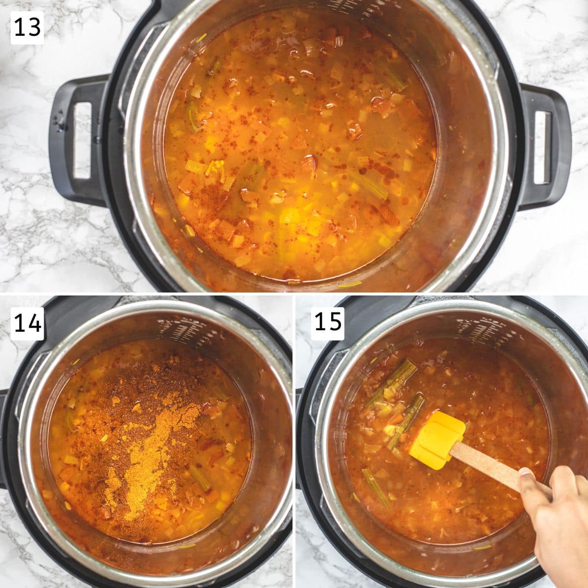 Collage of 3 images showing cooked veggies and adding, mixing sambar powder.