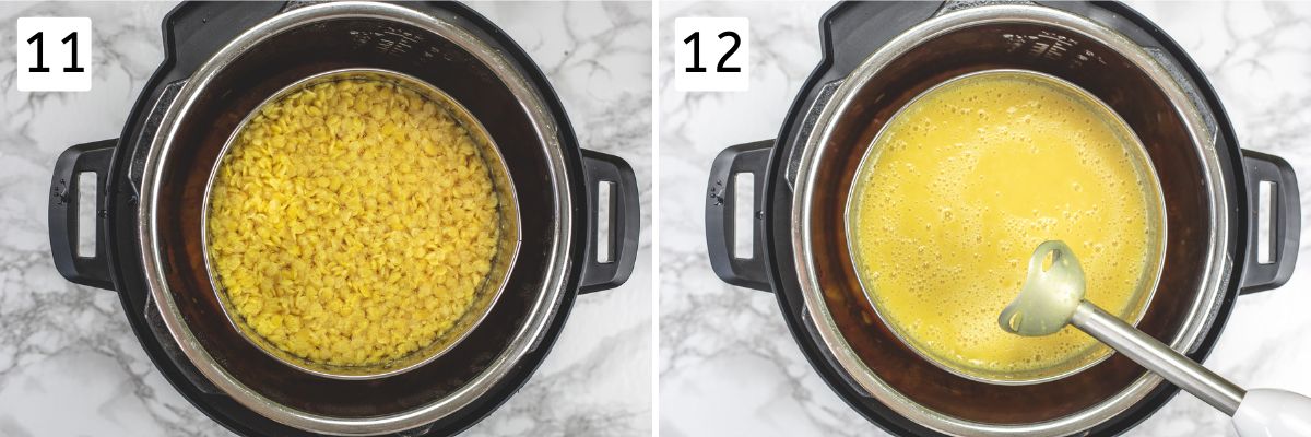 Collage of 2 images showing cooked dal and pureeing with hand blender.