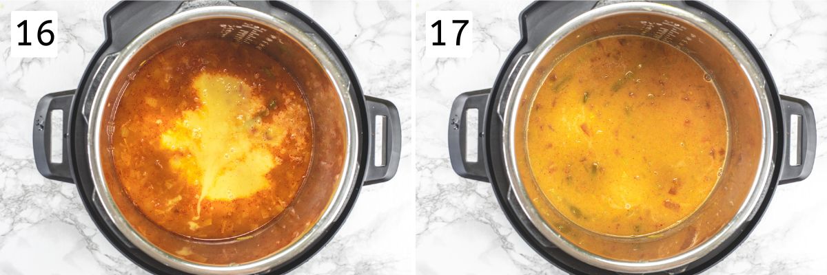 Collage of 2 images showing adding cooked lentils and mixed.