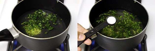 Collage of 2 images showing adding cilantro and baking soda in the water.