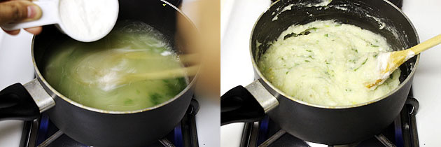 Collage of 2 images showing adding rice flour and mixed.