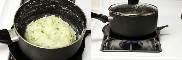 Collage of 2 images showing mixed khichu and cooking covered on tawa.