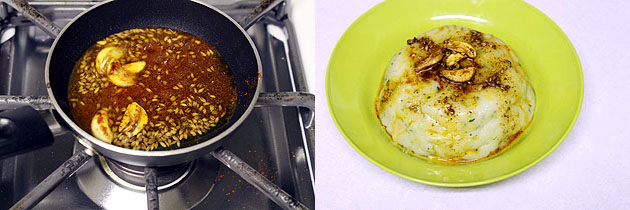 Collage of 2 images showing adding red chili powder in tempering and drizzled over khichu.