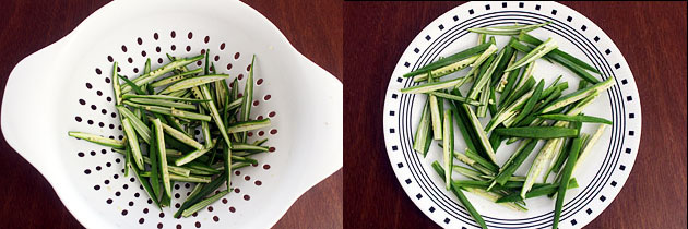 Collage of 2 images showing sliced okra in a colander and in a plate.