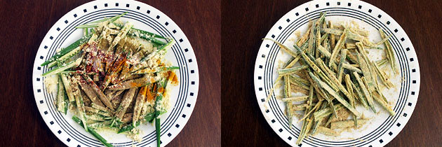 Collage of 2 images showing adding besan and spices and mixed.