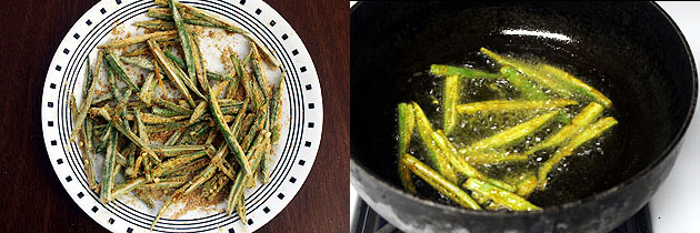 Collage of 2 images showing rested spiced okra and frying into oil.