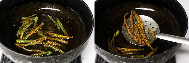 Collage of 2 images showing fried okra and removing from the oil.