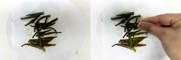 Collage of 2 images showing fried okra in a plate and sprinkling chaat masala.