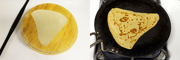 frying triangular paratha.