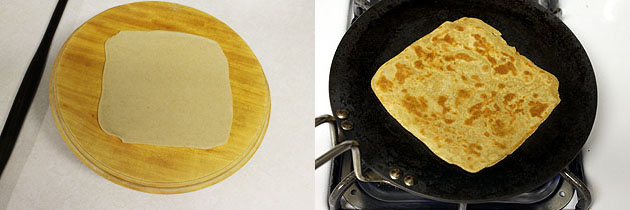 rolling and frying square paratha.