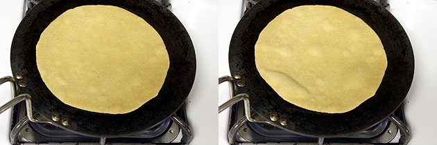 placing rolled paratha on tawa