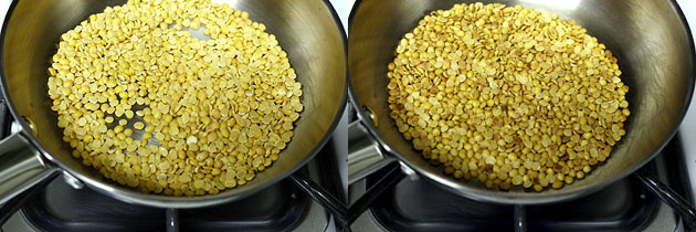 Collage of 2 images showing roasted toor dal.