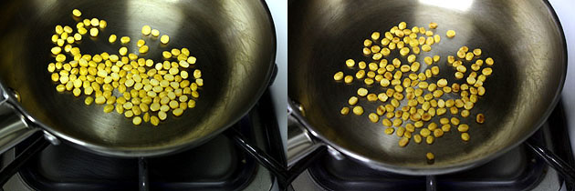 Collage of 2 images showing roasting chana dal.