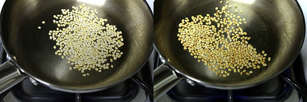 Collage of 2 images showing roasting urad dal.