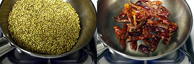 Collage of 2 images showing roasting coriander seeds and dried chilies.