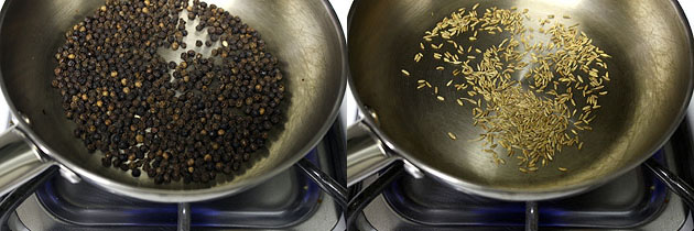 Collage of 2 images showing roasting peppercorns and cumin seeds.