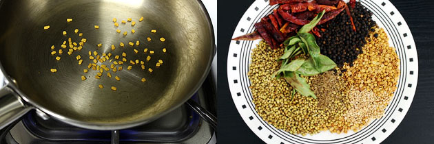 Collage of 2 images showing roasting methi dala and roasted dal, spices in a plate.