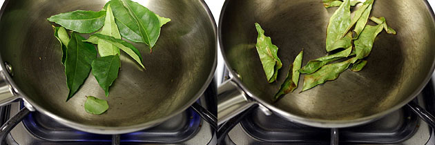 Collage of 2 images showing roasting curry leaves.
